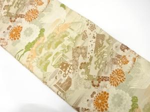 アンティーク　鶴に貝桶・草花模様織り出し丸帯（材料）